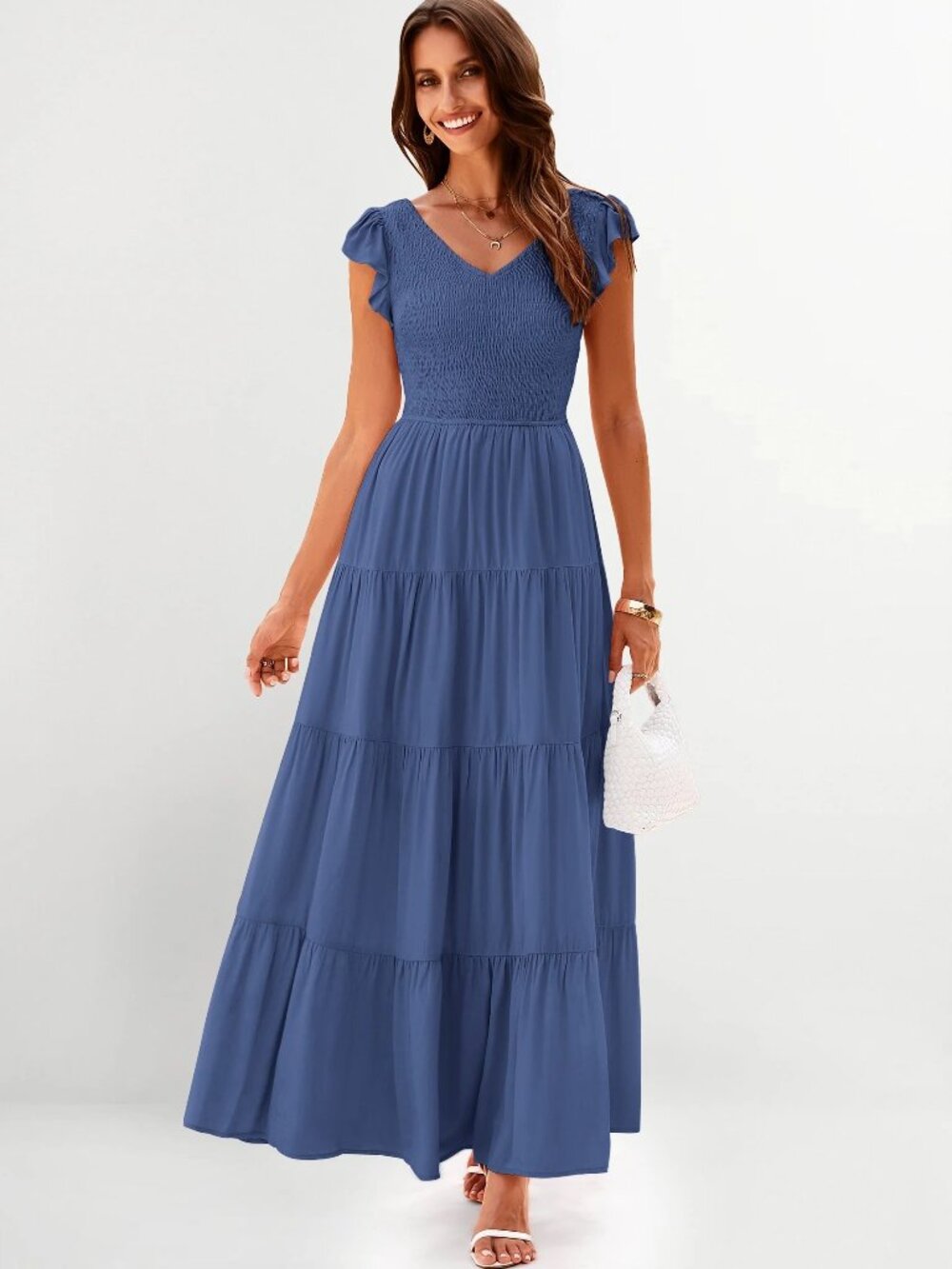 New PRETTYGARDEN V Neck Smocked Flowy Maxi Dress